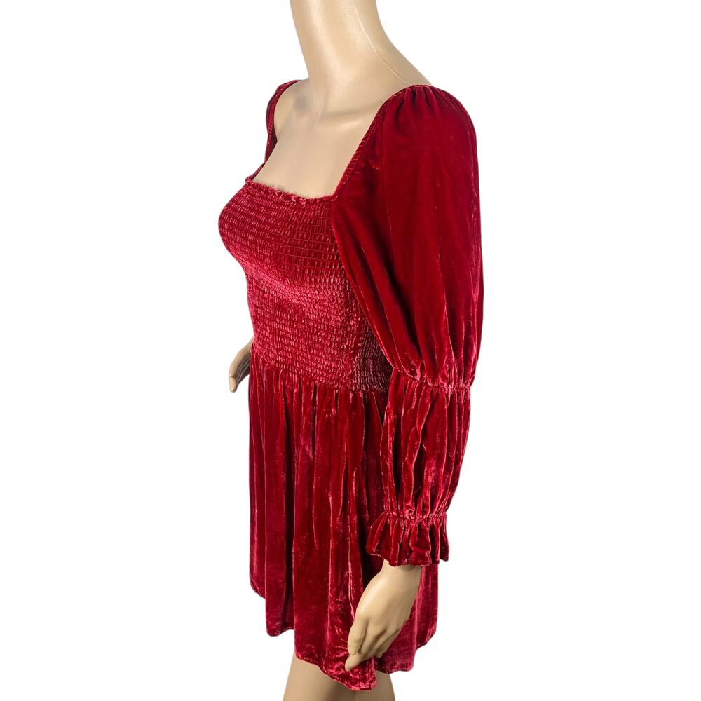 Reformation Red Crimson Velvet Smocked Juliet Sleeve Mini Dress S Whimsigoth - Picture 7 of 11